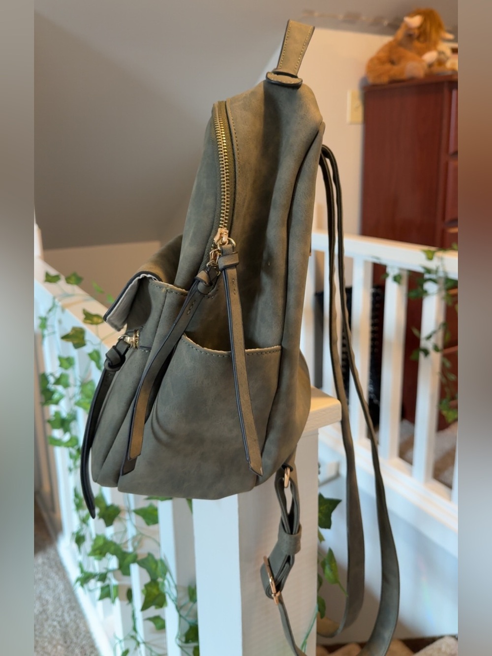 Massini Olive Green Faux Suede/Leather Mini Backpack Purse - Picture 3 of 8